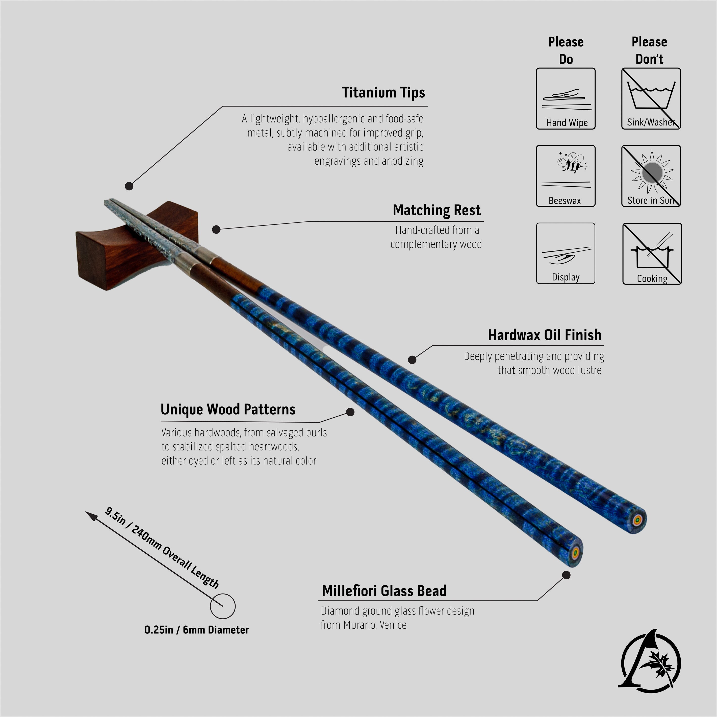 Unique Artisan Crafted Chopsticks with Titanium Tips and Sustainable Wooden Handles - Lightweight, Well-Balanced, Hypoallergenic, Limited Edition